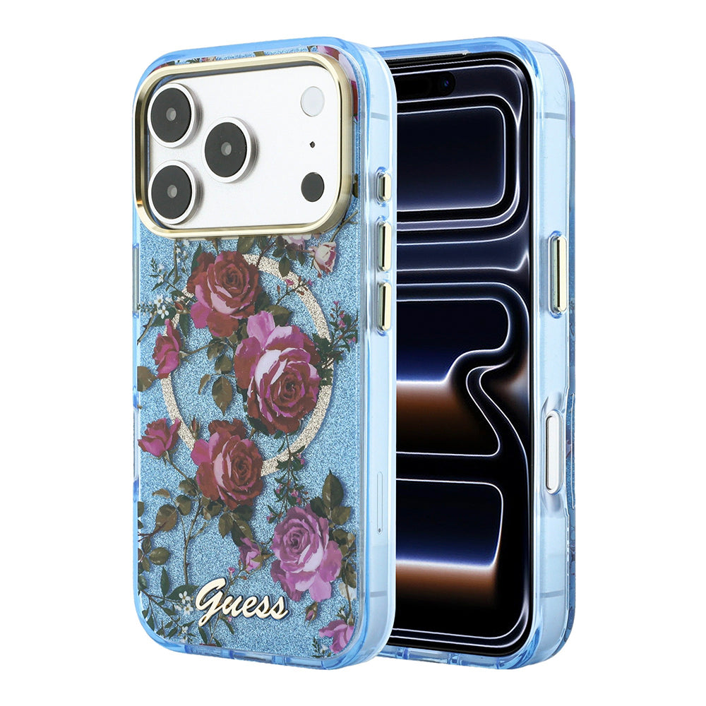 Apple iPhone 18 Pro Max Kılıf Guess Orjinal Lisanslı M-safe Şarj Özellikli Gül Desenli Simli Yazı Logolu Kapak