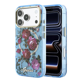 Apple iPhone 18 Pro Max Kılıf Guess Orjinal Lisanslı M-safe Şarj Özellikli Gül Desenli Simli Yazı Logolu Kapak