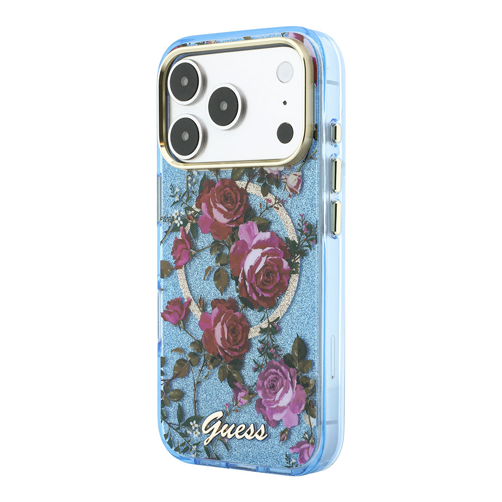 Apple iPhone 18 Pro Max Kılıf Guess Orjinal Lisanslı M-safe Şarj Özellikli Gül Desenli Simli Yazı Logolu Kapak