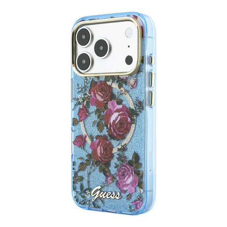 Apple iPhone 18 Pro Max Kılıf Guess Orjinal Lisanslı M-safe Şarj Özellikli Gül Desenli Simli Yazı Logolu Kapak