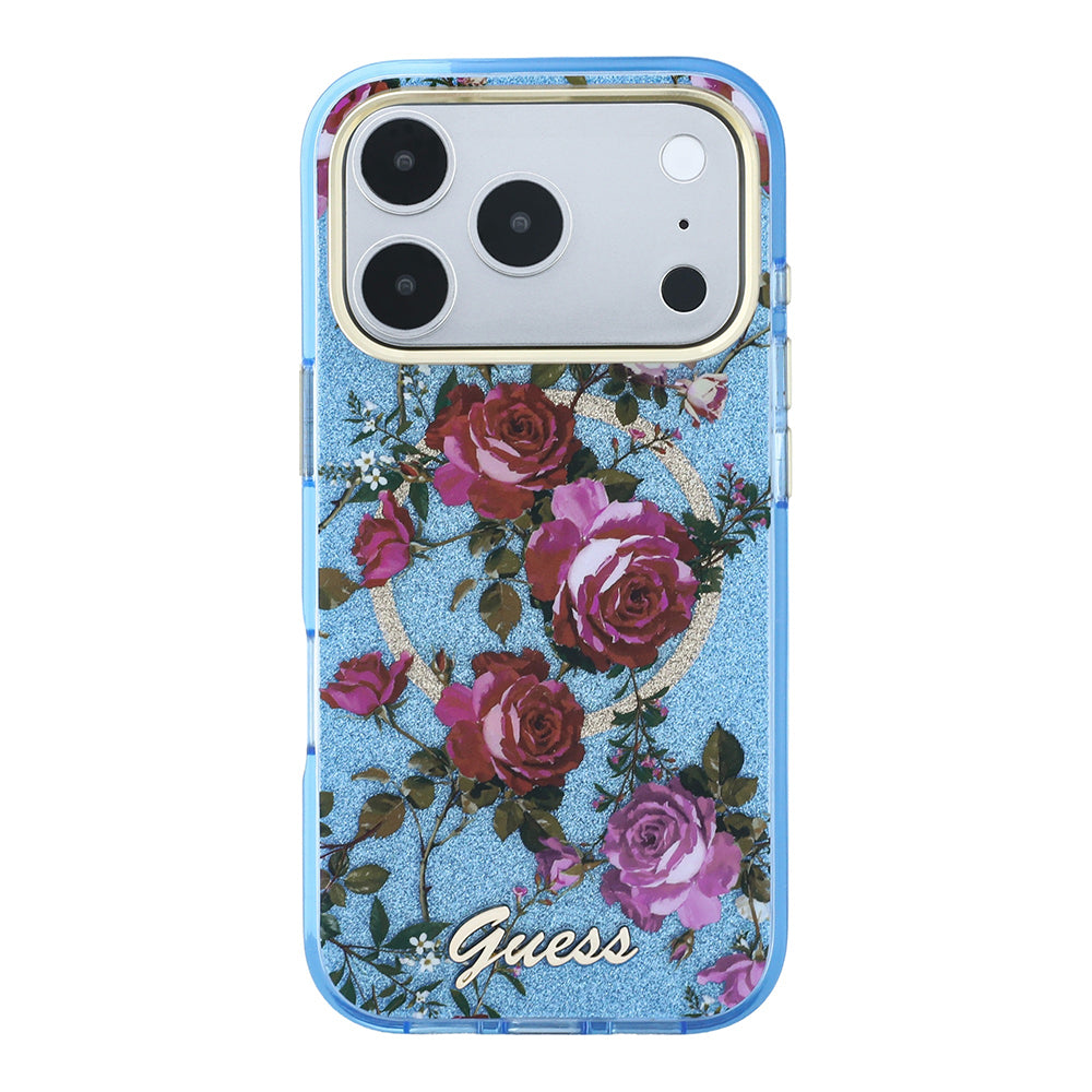 Apple iPhone 18 Pro Max Kılıf Guess Orjinal Lisanslı M-safe Şarj Özellikli Gül Desenli Simli Yazı Logolu Kapak