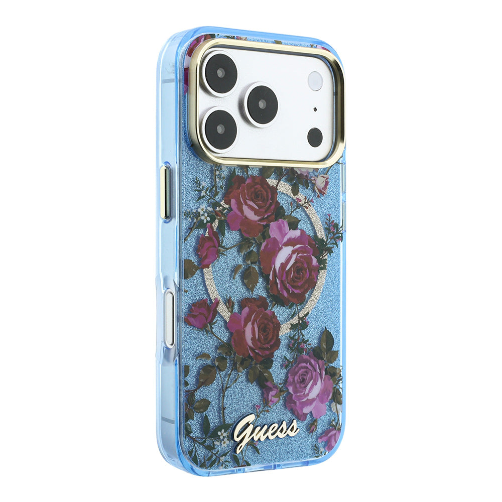 Apple iPhone 18 Pro Max Kılıf Guess Orjinal Lisanslı M-safe Şarj Özellikli Gül Desenli Simli Yazı Logolu Kapak