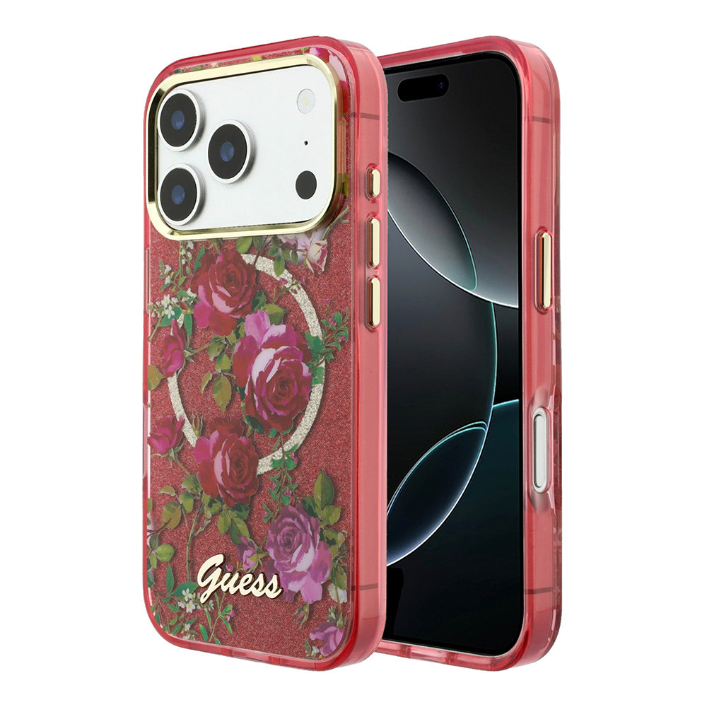 Apple iPhone 18 Pro Max Kılıf Guess Orjinal Lisanslı M-safe Şarj Özellikli Gül Desenli Simli Yazı Logolu Kapak