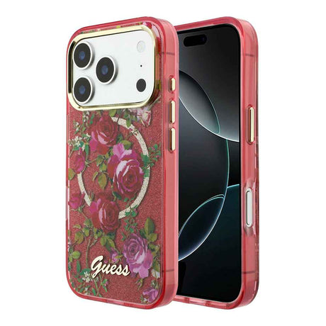 Apple iPhone 18 Pro Max Kılıf Guess Orjinal Lisanslı M-safe Şarj Özellikli Gül Desenli Simli Yazı Logolu Kapak