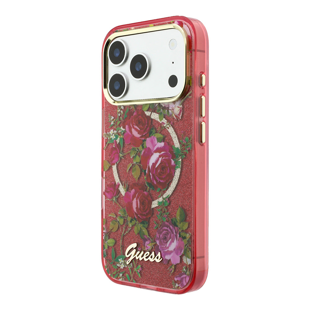 Apple iPhone 18 Pro Max Kılıf Guess Orjinal Lisanslı M-safe Şarj Özellikli Gül Desenli Simli Yazı Logolu Kapak