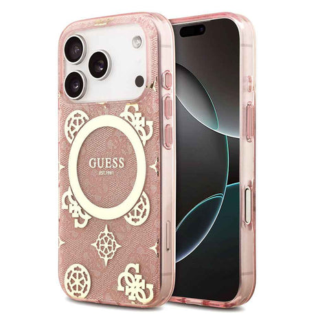 Apple iPhone 18 Pro Max Kılıf Guess Orjinal Lisanslı M-safe Şarj Özellikli IML Peony ve 4G Desenli Klasik Logolu Kapak
