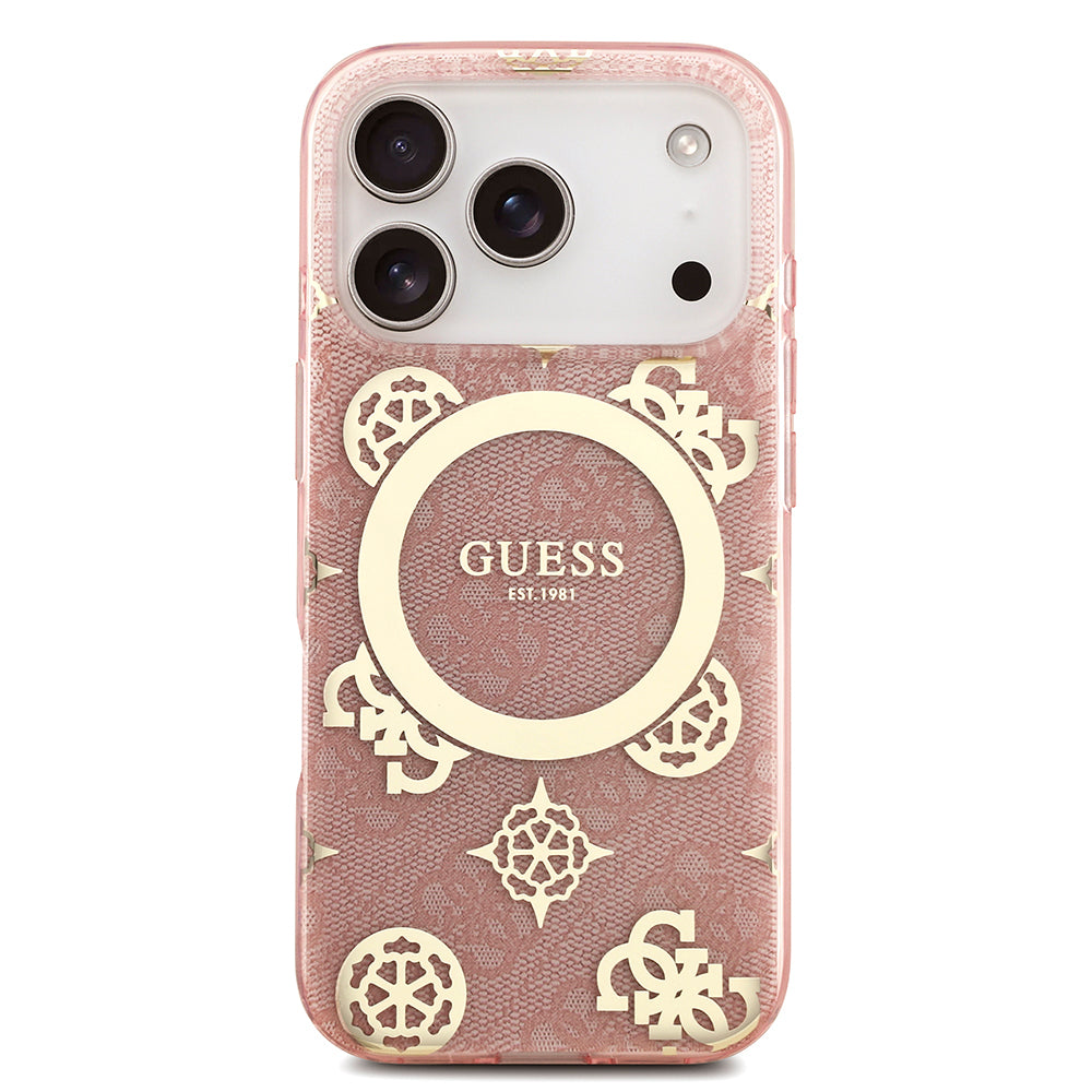 Apple iPhone 18 Pro Max Kılıf Guess Orjinal Lisanslı M-safe Şarj Özellikli IML Peony ve 4G Desenli Klasik Logolu Kapak