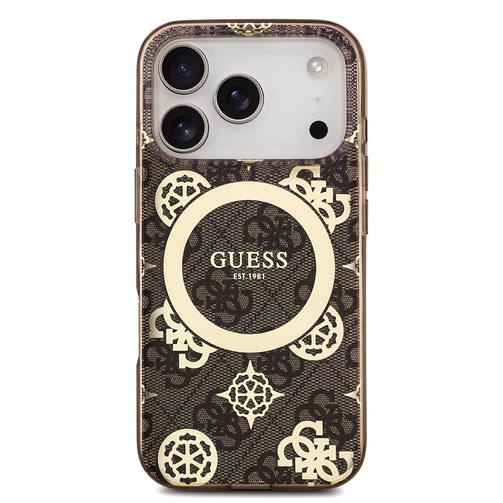 Apple iPhone 18 Pro Max Kılıf Guess Orjinal Lisanslı M-safe Şarj Özellikli IML Peony ve 4G Desenli Klasik Logolu Kapak