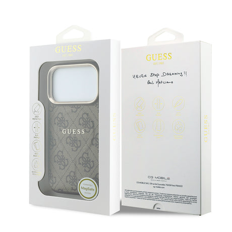 Apple iPhone 18 Pro Max Kılıf Guess Orjinal Lisanslı M-safe Şarj Özellikli Metal Kamera Çerçeveli C-Magnet 4G Desenli Yazı Logolu Kapak