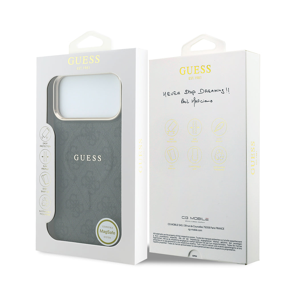 Apple iPhone 18 Pro Max Kılıf Guess Orjinal Lisanslı M-safe Şarj Özellikli Metal Kamera Çerçeveli C-Magnet 4G Desenli Yazı Logolu Kapak