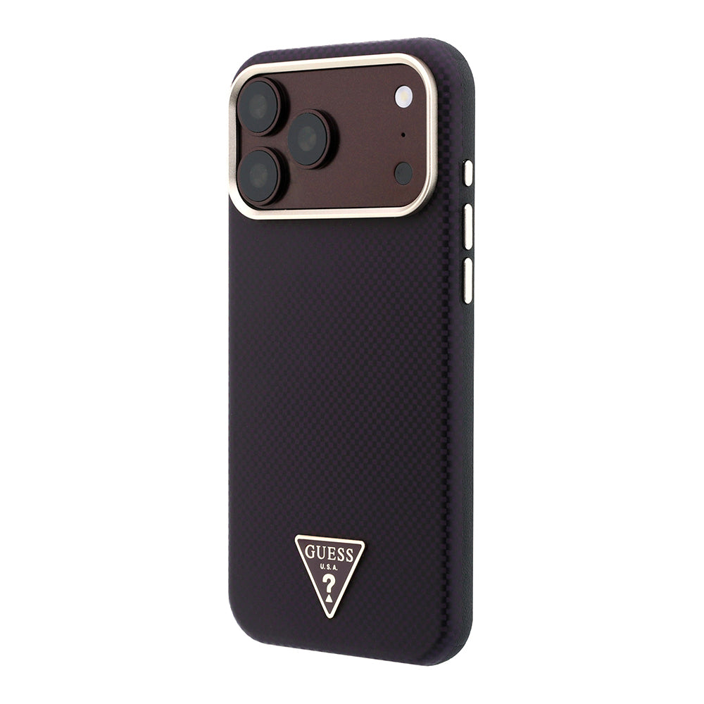 Apple iPhone 18 Pro Max Kılıf Guess Orjinal Lisanslı M-safe Şarj Özellikli PU Metal Üçgen Logolu Karbon Fiber Kevlar Kapak
