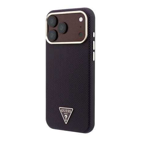 Apple iPhone 18 Pro Max Kılıf Guess Orjinal Lisanslı M-safe Şarj Özellikli PU Metal Üçgen Logolu Karbon Fiber Kevlar Kapak
