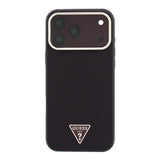 Apple iPhone 18 Pro Max Kılıf Guess Orjinal Lisanslı M-safe Şarj Özellikli PU Metal Üçgen Logolu Karbon Fiber Kevlar Kapak