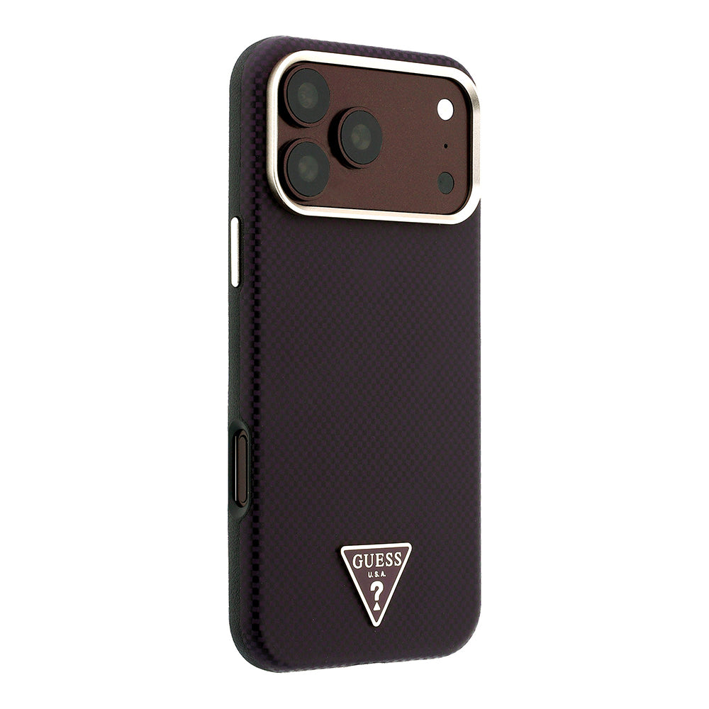 Apple iPhone 18 Pro Max Kılıf Guess Orjinal Lisanslı M-safe Şarj Özellikli PU Metal Üçgen Logolu Karbon Fiber Kevlar Kapak