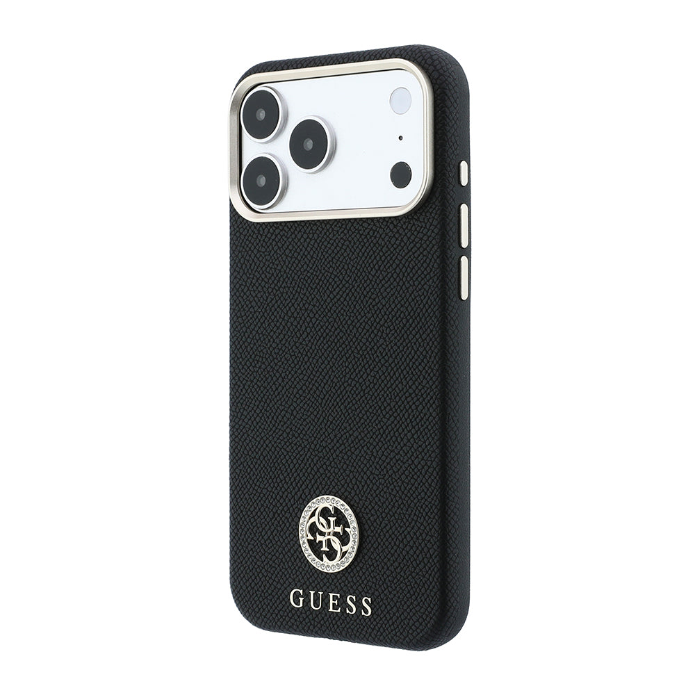 Apple iPhone 18 Pro Max Kılıf Guess Orjinal Lisanslı M-safe Şarj Özellikli PU Taşlı Metal 4G ve Yazı Logolu Kapak