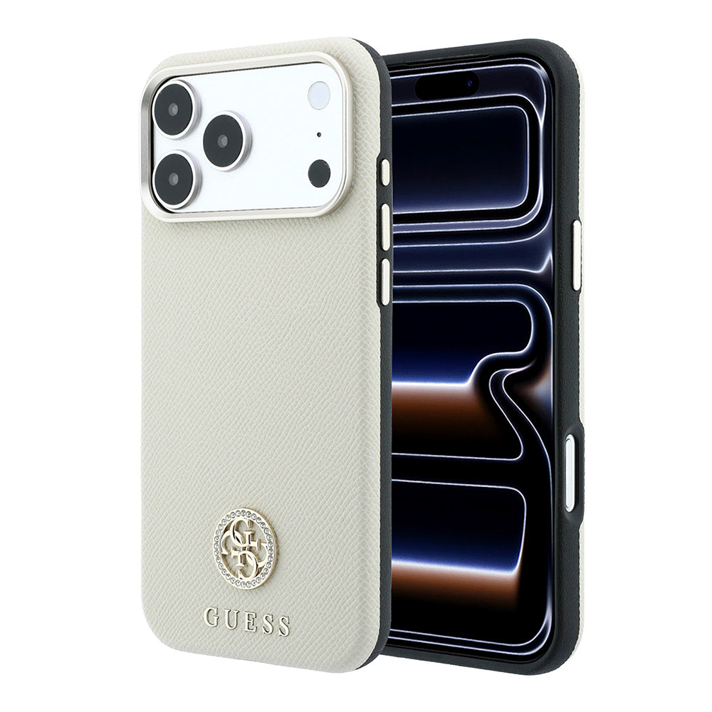 Apple iPhone 18 Pro Max Kılıf Guess Orjinal Lisanslı M-safe Şarj Özellikli PU Taşlı Metal 4G ve Yazı Logolu Kapak