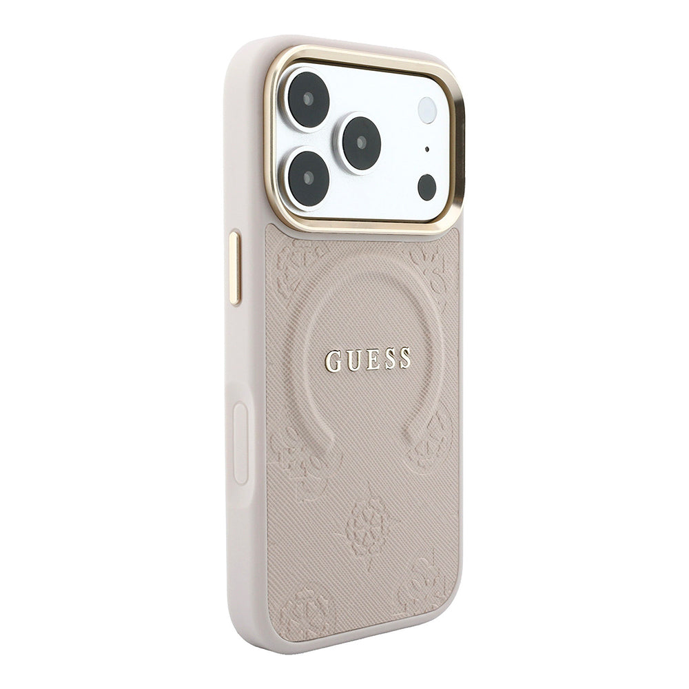 Apple iPhone 18 Pro Max Kılıf Guess Orjinal Lisanslı M-safe Şarj Özellikli Sıcak Baskılı Yazı Logolu C-Magnet PU Deri Peony Kapak