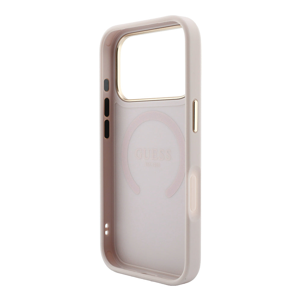 Apple iPhone 18 Pro Max Kılıf Guess Orjinal Lisanslı M-safe Şarj Özellikli Sıcak Baskılı Yazı Logolu C-Magnet PU Deri Peony Kapak