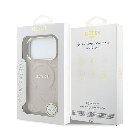 Apple iPhone 18 Pro Max Kılıf Guess Orjinal Lisanslı M-safe Şarj Özellikli Sıcak Baskılı Yazı Logolu C-Magnet PU Deri Peony Kapak