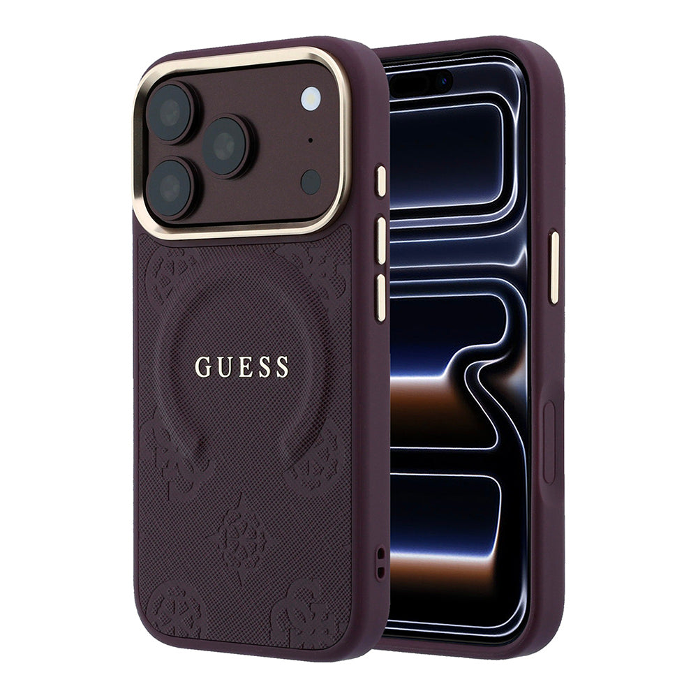 Apple iPhone 18 Pro Max Kılıf Guess Orjinal Lisanslı M-safe Şarj Özellikli Sıcak Baskılı Yazı Logolu C-Magnet PU Deri Peony Kapak