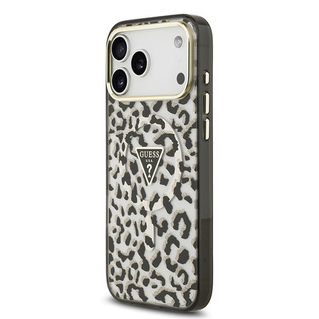 Apple iPhone 18 Pro Max Kılıf Guess Orjinal Lisanslı M-safe Şarj Özellikli Üçgen Logolu Simli Leopar Desenli Kapak