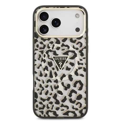Apple iPhone 18 Pro Max Kılıf Guess Orjinal Lisanslı M-safe Şarj Özellikli Üçgen Logolu Simli Leopar Desenli Kapak