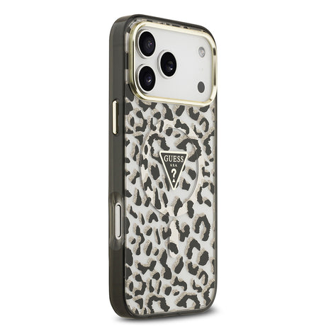 Apple iPhone 18 Pro Max Kılıf Guess Orjinal Lisanslı M-safe Şarj Özellikli Üçgen Logolu Simli Leopar Desenli Kapak