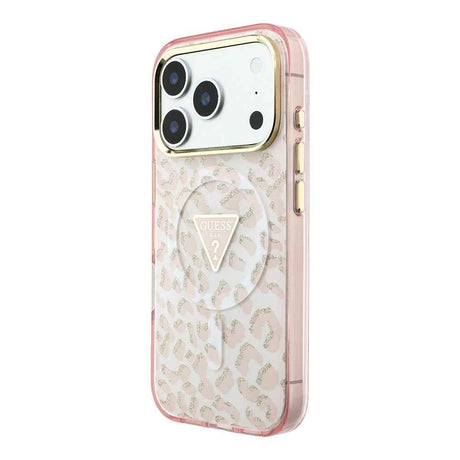 Apple iPhone 18 Pro Max Kılıf Guess Orjinal Lisanslı M-safe Şarj Özellikli Üçgen Logolu Simli Leopar Desenli Kapak
