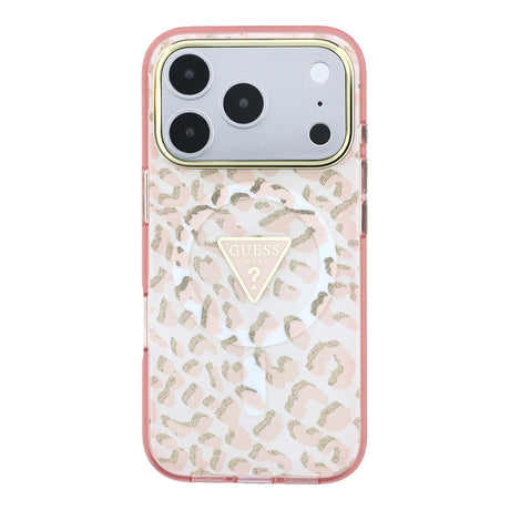 Apple iPhone 18 Pro Max Kılıf Guess Orjinal Lisanslı M-safe Şarj Özellikli Üçgen Logolu Simli Leopar Desenli Kapak