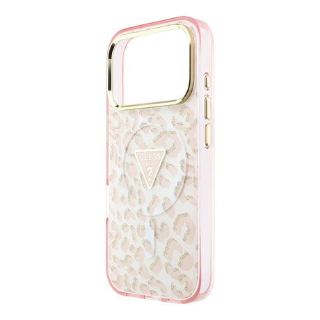 Apple iPhone 18 Pro Max Kılıf Guess Orjinal Lisanslı M-safe Şarj Özellikli Üçgen Logolu Simli Leopar Desenli Kapak