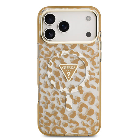 Apple iPhone 18 Pro Max Kılıf Guess Orjinal Lisanslı M-safe Şarj Özellikli Üçgen Logolu Simli Leopar Desenli Kapak