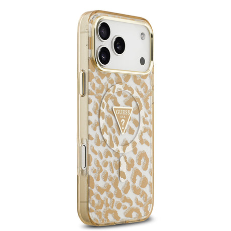 Apple iPhone 18 Pro Max Kılıf Guess Orjinal Lisanslı M-safe Şarj Özellikli Üçgen Logolu Simli Leopar Desenli Kapak