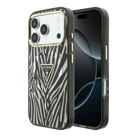 Apple iPhone 18 Pro Max Kılıf Guess Orjinal Lisanslı M-safe Şarj Özellikli Üçgen Logolu Zebra Desenli Silikon Kapak
