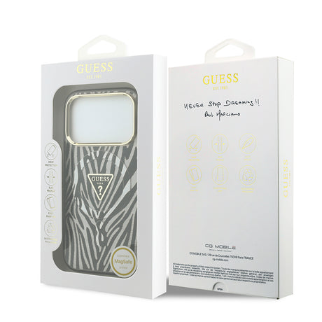 Apple iPhone 18 Pro Max Kılıf Guess Orjinal Lisanslı M-safe Şarj Özellikli Üçgen Logolu Zebra Desenli Silikon Kapak