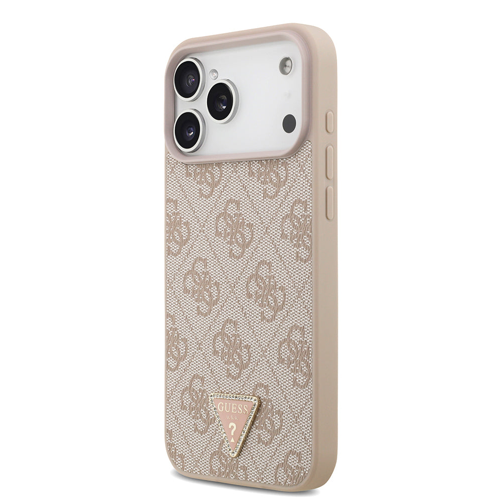 Apple iPhone 18 Pro Max Kılıf Guess Orjinal Lisanslı M-safe Şarj Özllikli PU Deri Taşlı Üçgen Logo 4G Desenli Strass Kapak