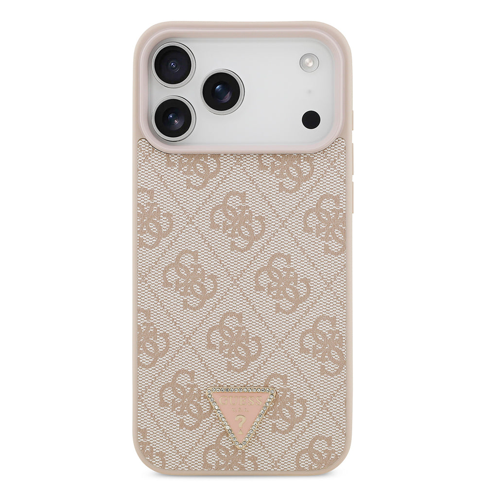 Apple iPhone 18 Pro Max Kılıf Guess Orjinal Lisanslı M-safe Şarj Özllikli PU Deri Taşlı Üçgen Logo 4G Desenli Strass Kapak