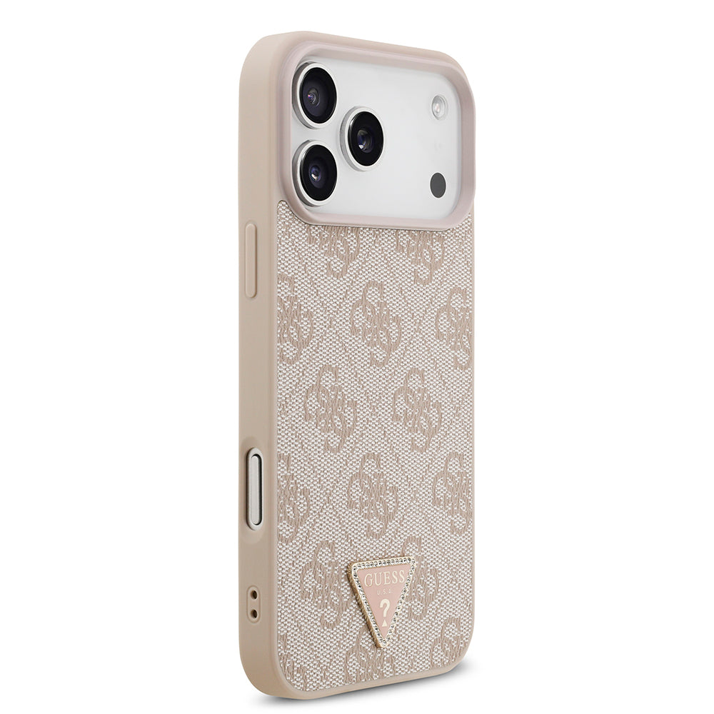 Apple iPhone 18 Pro Max Kılıf Guess Orjinal Lisanslı M-safe Şarj Özllikli PU Deri Taşlı Üçgen Logo 4G Desenli Strass Kapak