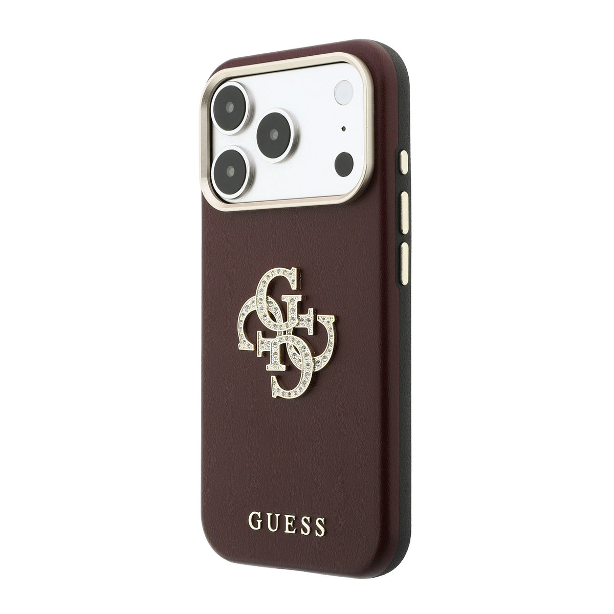 Apple iPhone 18 Pro Max Kılıf Guess Orjinal Lisanslı Metal Kamera Çerçeveli 4G Büyük Taşlı Resin Logolu PU Kapak