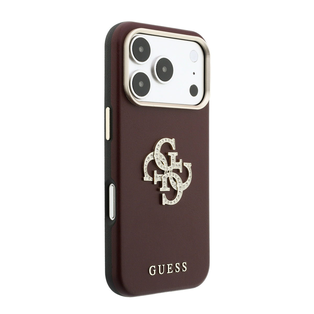 Apple iPhone 18 Pro Max Kılıf Guess Orjinal Lisanslı Metal Kamera Çerçeveli 4G Büyük Taşlı Resin Logolu PU Kapak