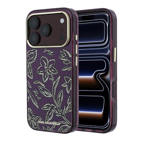 Apple iPhone 18 Pro Max Kılıf Karl Lagerfeld Orjinal Lisanslı M-safe Şarj Özellikli Gold Metal Kamera Çerçeveli Çiçek Tasarımlı Kapak