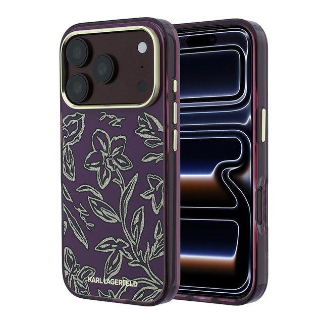 Apple iPhone 18 Pro Max Kılıf Karl Lagerfeld Orjinal Lisanslı M-safe Şarj Özellikli Gold Metal Kamera Çerçeveli Çiçek Tasarımlı Kapak