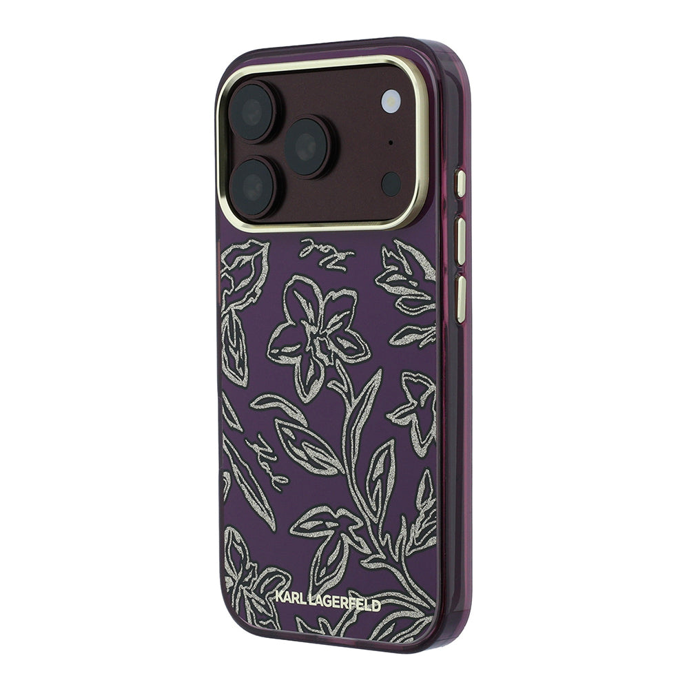 Apple iPhone 18 Pro Max Kılıf Karl Lagerfeld Orjinal Lisanslı M-safe Şarj Özellikli Gold Metal Kamera Çerçeveli Çiçek Tasarımlı Kapak