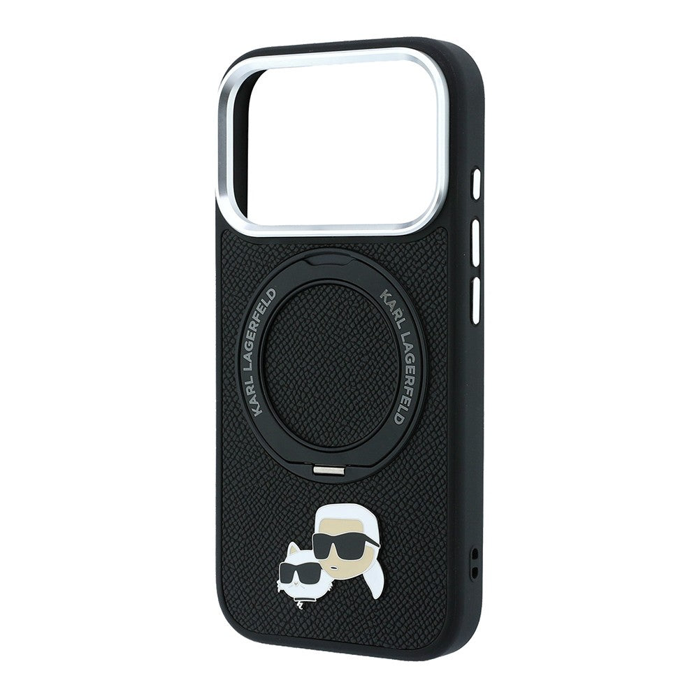 Apple iPhone 18 Pro Max Kılıf Karl Lagerfeld Orjinal Lisanslı M-Safe Şarj Özellikli K&C Heads Pin Metal Logolu PU 360 Derece Dönebilen Standlı Kapak