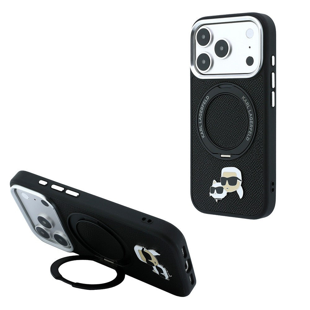 Apple iPhone 18 Pro Max Kılıf Karl Lagerfeld Orjinal Lisanslı M-Safe Şarj Özellikli K&C Heads Pin Metal Logolu PU 360 Derece Dönebilen Standlı Kapak