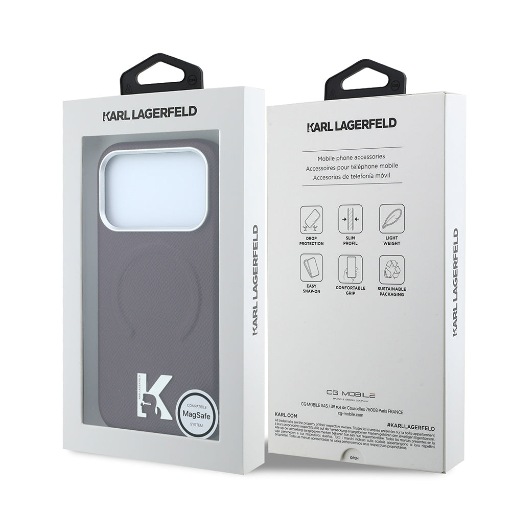 Apple iPhone 18 Pro Max Kılıf Karl Lagerfeld Orjinal Lisanslı M-safe Şarj Özellikli KHEAD Metal Logolu PU Grained Deri Kapak