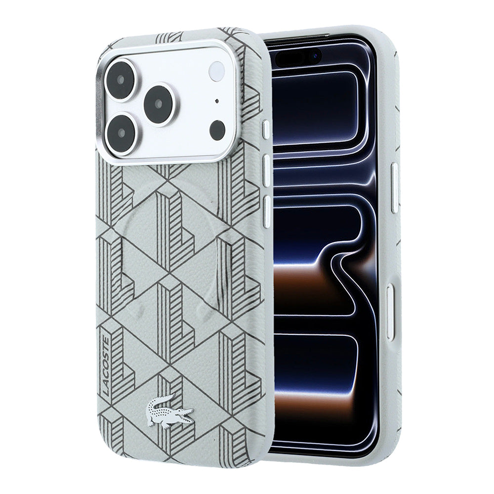 Apple iPhone 18 Pro Max Kılıf Lacoste Orjinal Lisanslı M-safe Şarj Özellikli Metal Logolu Deri Karışık Monogram Desenli Kapak