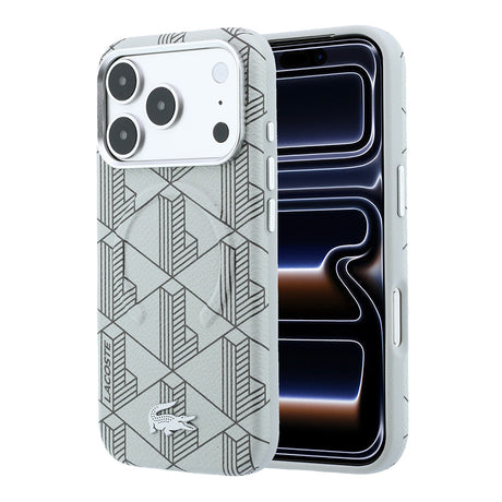 Apple iPhone 18 Pro Max Kılıf Lacoste Orjinal Lisanslı M-safe Şarj Özellikli Metal Logolu Deri Karışık Monogram Desenli Kapak