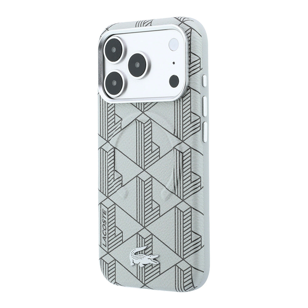 Apple iPhone 18 Pro Max Kılıf Lacoste Orjinal Lisanslı M-safe Şarj Özellikli Metal Logolu Deri Karışık Monogram Desenli Kapak