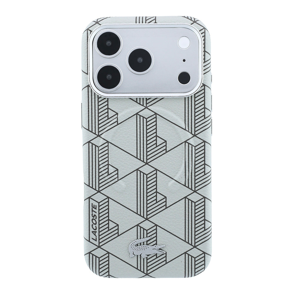 Apple iPhone 18 Pro Max Kılıf Lacoste Orjinal Lisanslı M-safe Şarj Özellikli Metal Logolu Deri Karışık Monogram Desenli Kapak