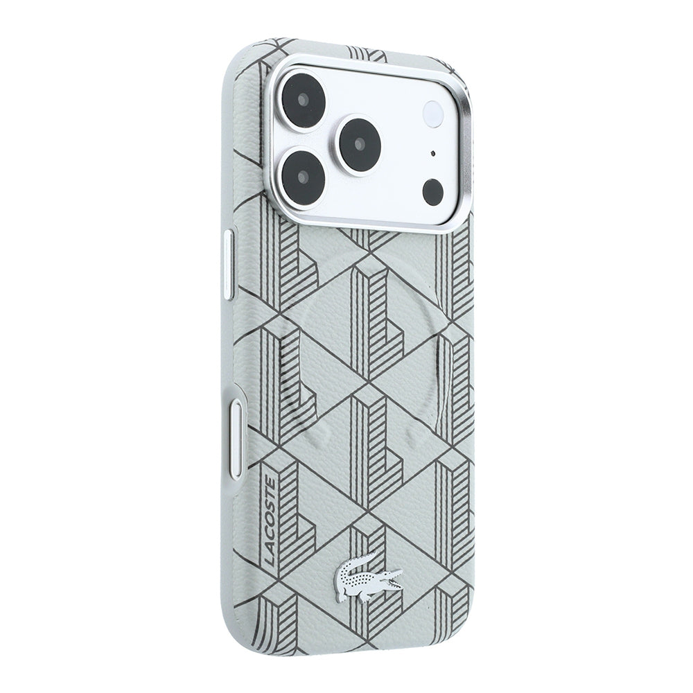 Apple iPhone 18 Pro Max Kılıf Lacoste Orjinal Lisanslı M-safe Şarj Özellikli Metal Logolu Deri Karışık Monogram Desenli Kapak